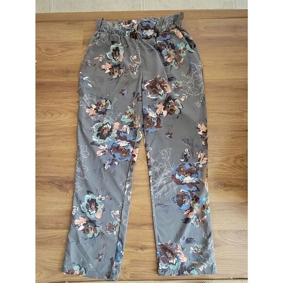 Wanderlux Floral Print Pants Gray Paperbag Waist Casual‎ Trousers Large - Picture 1 of 7